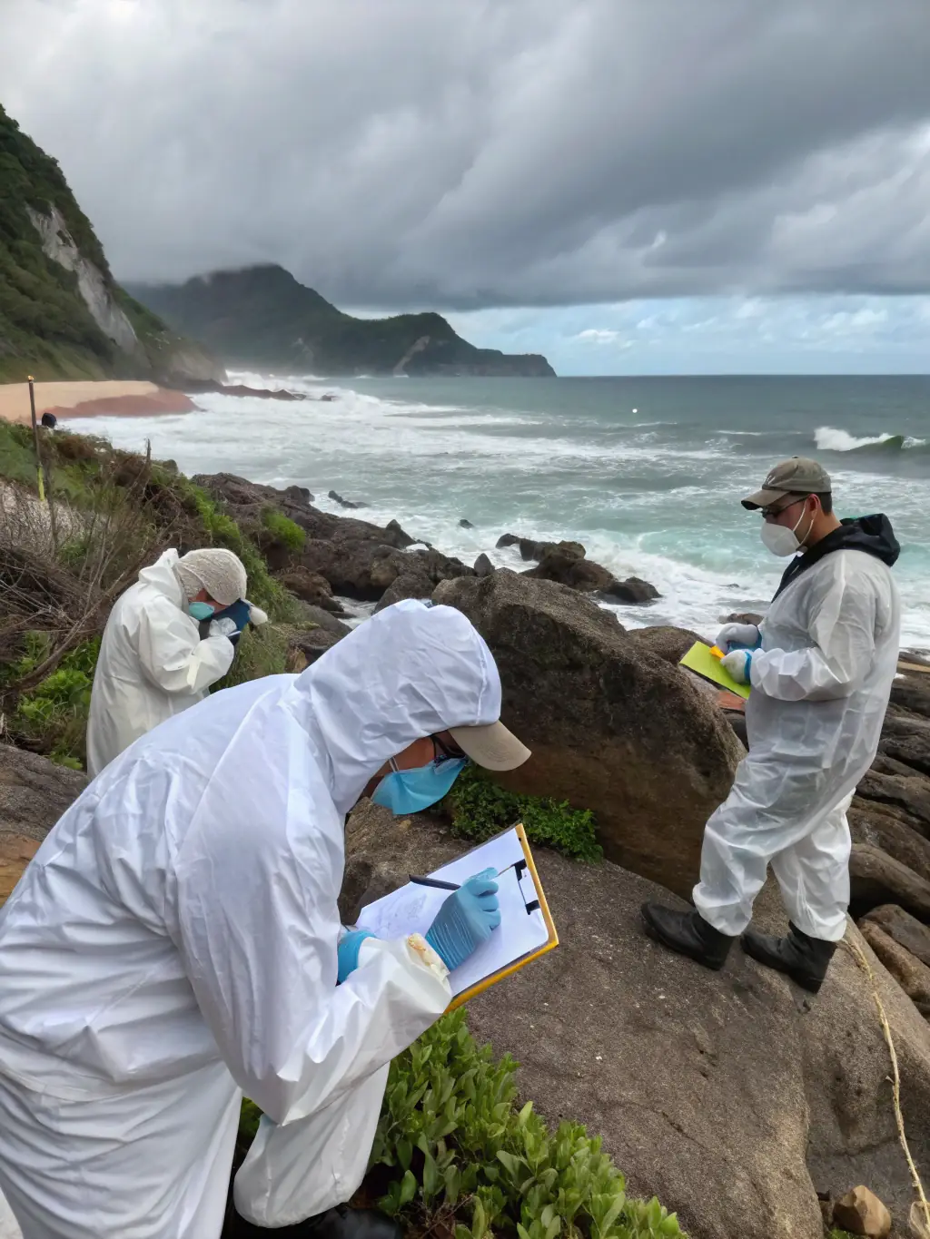 A photograph of researchers collecting data on coastal erosion as part of the CENTRE INTERNATIONAL DE LA MER's scientific research program, highlighting the museum's role in environmental conservation.